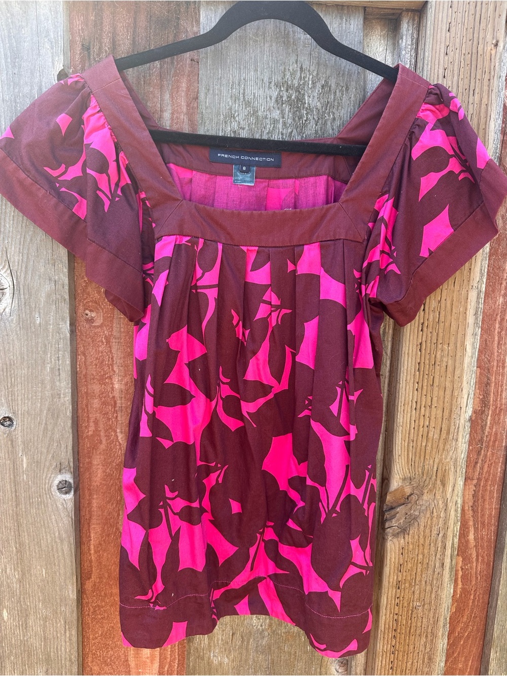 French Connection Hot Pink and Brown Square-Neck Floral Top